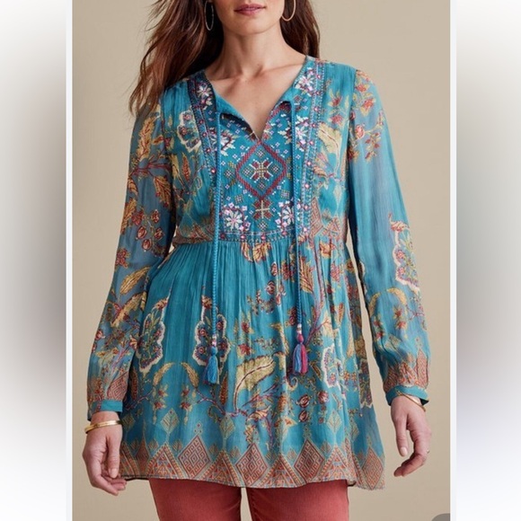 Soft Surroundings Tops - Soft Surroundings Teal Floral Embroidered Boho Tunic